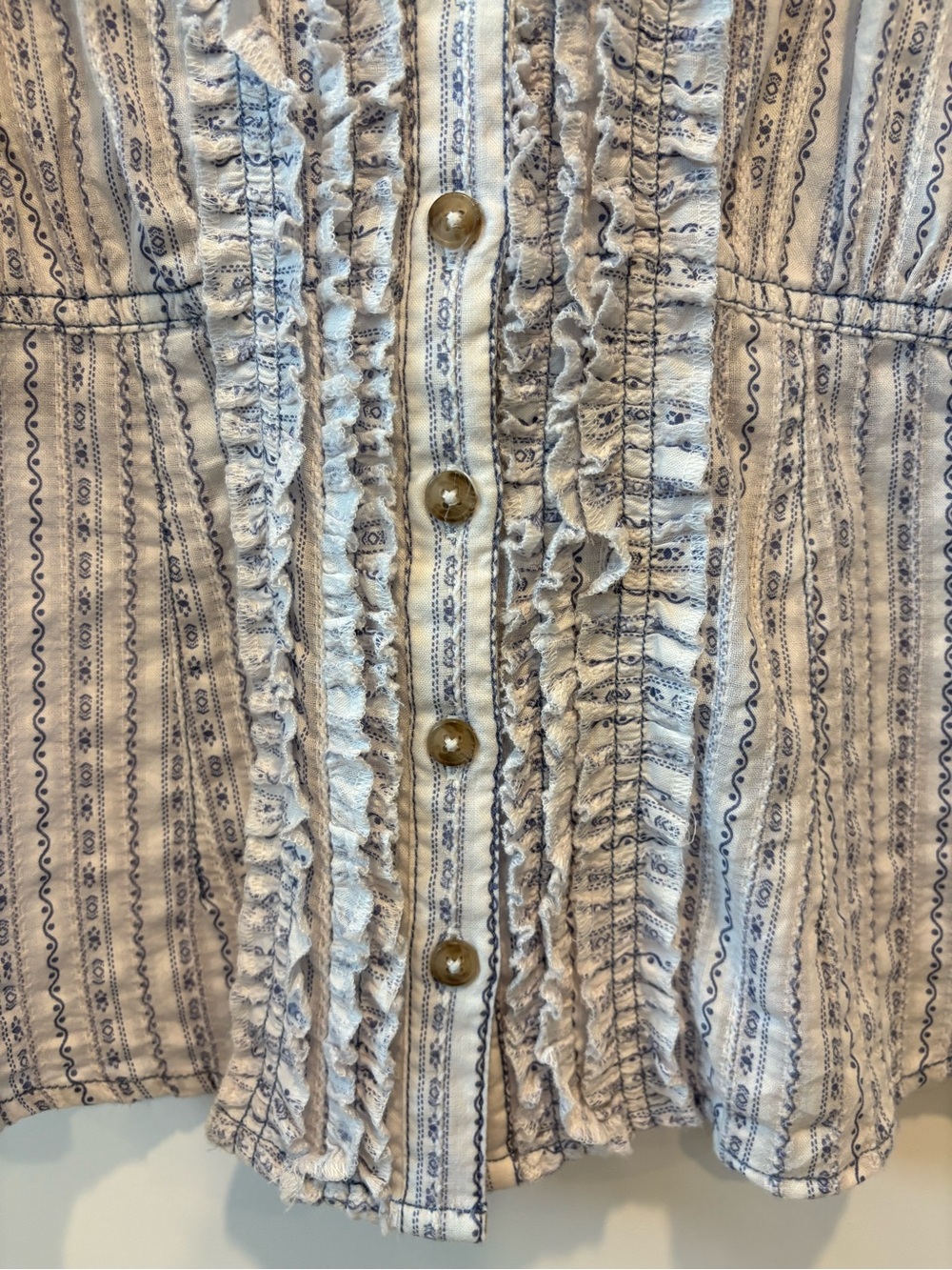 Pilcro Keira Tuxedo Blouse, Light Blue & White Striped Ruffle-Trim Button Down - Picture 9 of 11